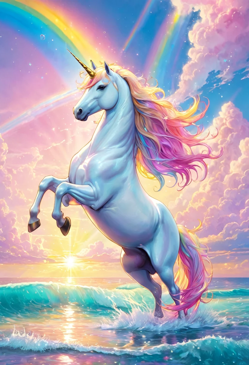 A white unicorn under a pastel rainbow sky, a beautiful crystal clear sea nearby, a pink dolphin, a pegasus with rising golden hair, a divine, delicate light. perfect lighting
