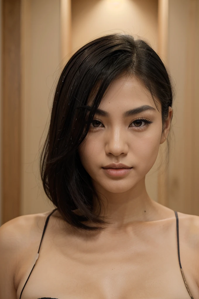 She has an oval face with high cheekbones, a defined jawline is Asian, japanese. His eyes are large and almond, black in color, with long eyelashes and thick, arched eyebrows. His nose is small and straight, and she has full, wide lips. Your hair is short, smooth and black. She has an oval face with high cheekbones, a defined jawline is Asian, japanese. She has a slim waist with big . His eyes are large and almond, black in color, with long eyelashes and thick, arched eyebrows. His nose is small and straight, and she has full, wide lips. Foto inshot de whole body, foto de whole body, whole body, full body inshot photo, Selfie, inshot Selfie.