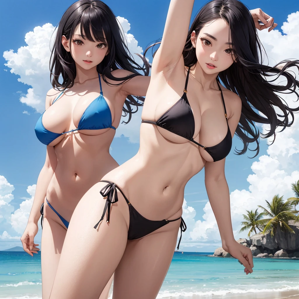 NSFW, (((Uncensored))), (((Clear picture))). high image quality, high resolution, 18 year old beautiful girl、shiny black hair、Hime cut、Brown eyes, dark eyebrows, J-cup huge breasts、172cm tall、tightened waist,、red bikini, sexy pose, Sandy Beach、Blue sky