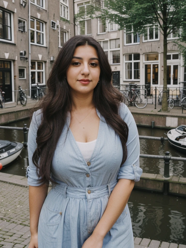 Caseyli, 1girl, solo, 30 years old, (((Georgian face))), (((Georgian nose))), (((Georgian lips))), ((((chubby)))), (((wide hips))), (((dark blonde hair))), wavy medium hair, wearing stylish Generation Z modern wear, ((Background: Courtyard in Amsterdam))