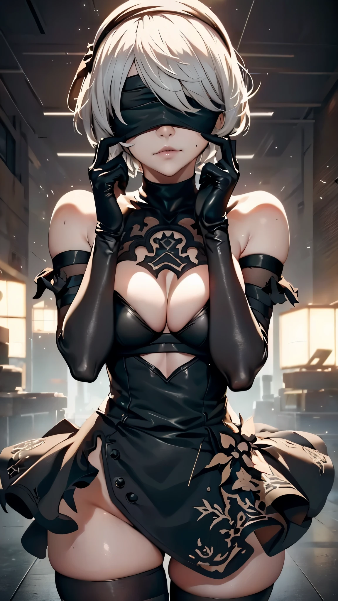 1 girl(YoRHa 2-gou B-gata "2B" - Nier: Automata), (black blindfold:1.5), black hairband, blindfold, hairband, short hair, white hair, beautiful detailed lips, extremely detailed face, longeyelashes, detailed skin, slender sexy body, toned skin, sharp facial features, high cheekbones, long elegant legs, crouching pose, fingersmile, finger to mouth, (best quality,4k,8k,highres,masterpiece:1.2),ultra-detailed,(realistic,photorealistic,photo-realistic:1.37),cinematic lighting,dramatic lighting,dramatic shadows,high contrast,chiaroscuro,moody,sensual,erotic,nsfw