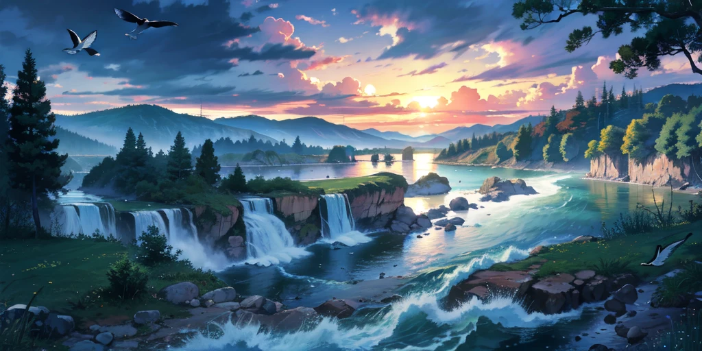 Vision,River flowing out of the forest,There are waves in the water,There are clouds by the water,Birds flying over the river,Shock Point