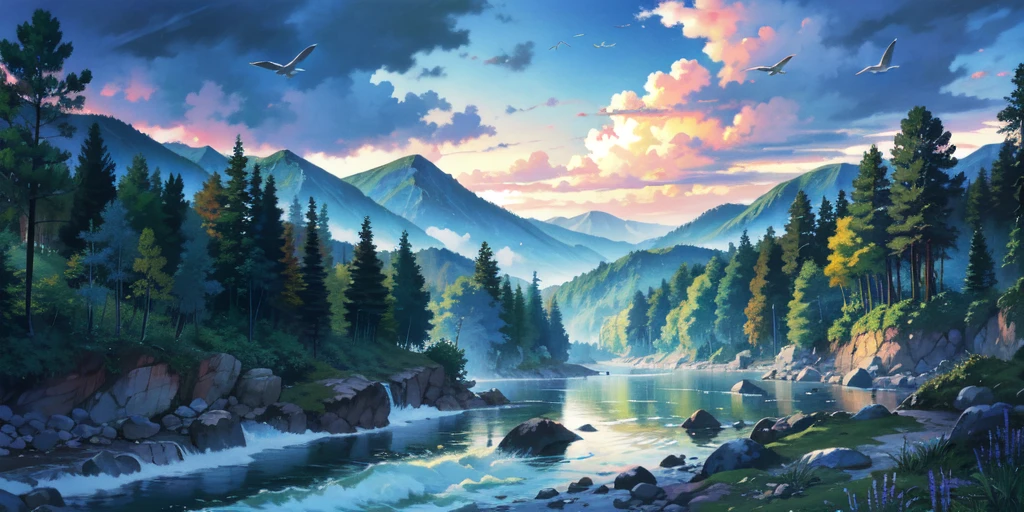 Vision，River flowing out of the forest，There are waves in the water，There are clouds by the water，Birds flying over the river，Shock Point