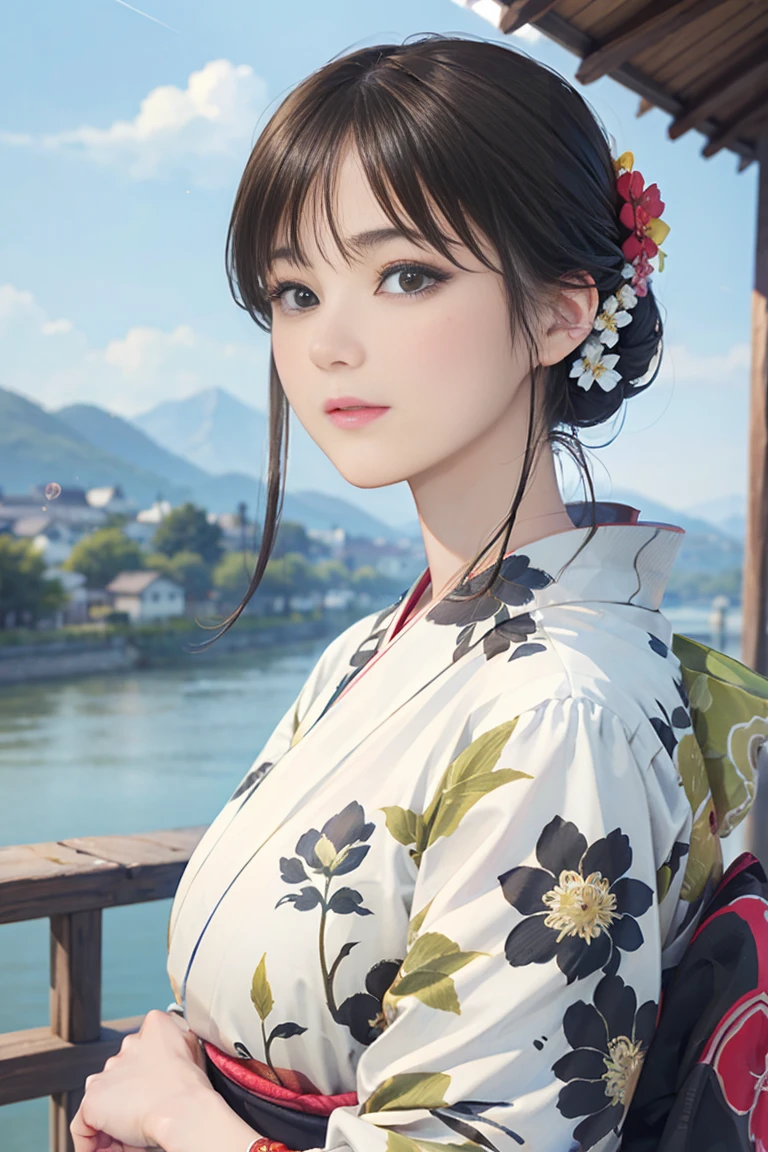 (Highest quality、 8k 、masterpiece、High resolution)、(whole body)、Vibrant colors、Brown-black bob、Traditional round topknot、Ample breasts、(Highly detailed face and eyes、Beautiful Face、Beautiful Eyes、Beautiful nose、Pretty lips)、 (Beautiful woman standing on a riverside observation deck)、A friendly gaze、Oh!！Facial expression that、(Vivid floral patterned kimono)、Official Art、  The background is a wide river、Nearby bridge、Riverside streetscape、Mountains in the distance、Detailed CG、