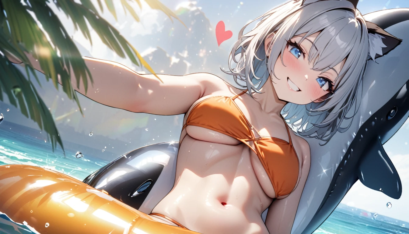 Ride an inflatable killer whale float、1girl、(((best quality)), ((masterpiece)), (details), masterpiece, best quality, high quality, ulutra detailed, perfect face, ((1girl, Blue eyes, cat ears: 1.3 silver bob hair: 2.5,))、Shiny Hair、Glowing Skin、smile、Lustful look、I can see your toned stomach、Sideboob、Underboob、iding on the inflatable killer whale float.Ocean、Ocean上、Ocean水浴、Orange Bikini、smile、Heart effect