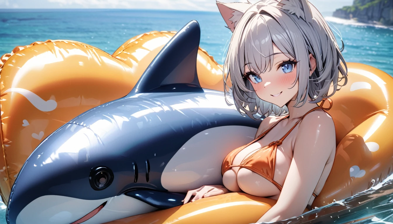 Ride an inflatable killer whale float、1girl、(((best quality)), ((masterpiece)), (details), masterpiece, best quality, high quality, ulutra detailed, perfect face, ((1girl, Blue eyes, cat ears: 1.3 silver bob hair: 2.5,))、Shiny Hair、Glowing Skin、smile、Lustful look、I can see your toned stomach、Sideboob、Underboob、iding on the inflatable killer whale float.Ocean、Ocean上、Ocean水浴、Orange Bikini、smile、Heart effect