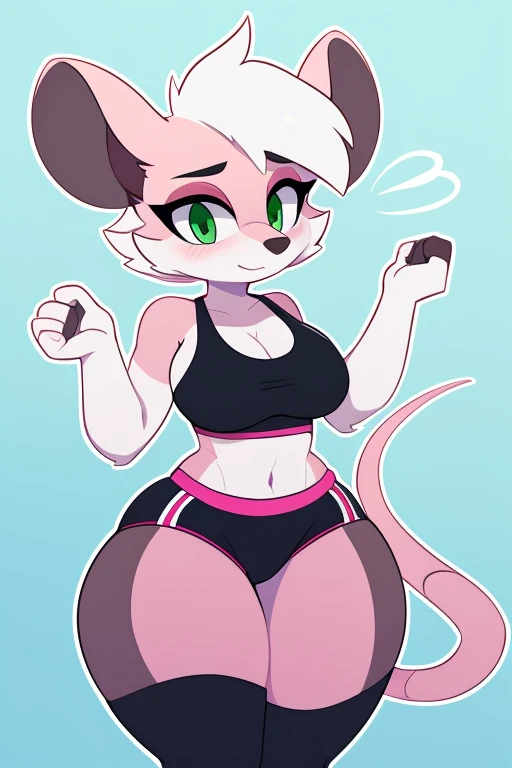 high quality, high res, outline, , mouse, rodent, female, by whygena, reggie_(whygena), , wide hips, flat colours, outlines, lines, huge thighs, white body, pink rat tail, white hair, short asymetric hair, green eyes, long eyelids, eyes looking down at , cheek tuft, black sport bra, sport shorts, black sport clothes, flat snout, small snout, asymetric hair, blush on face, underboob , huge breasts, huge thighs, hands up, girly wrist, 4fingers.