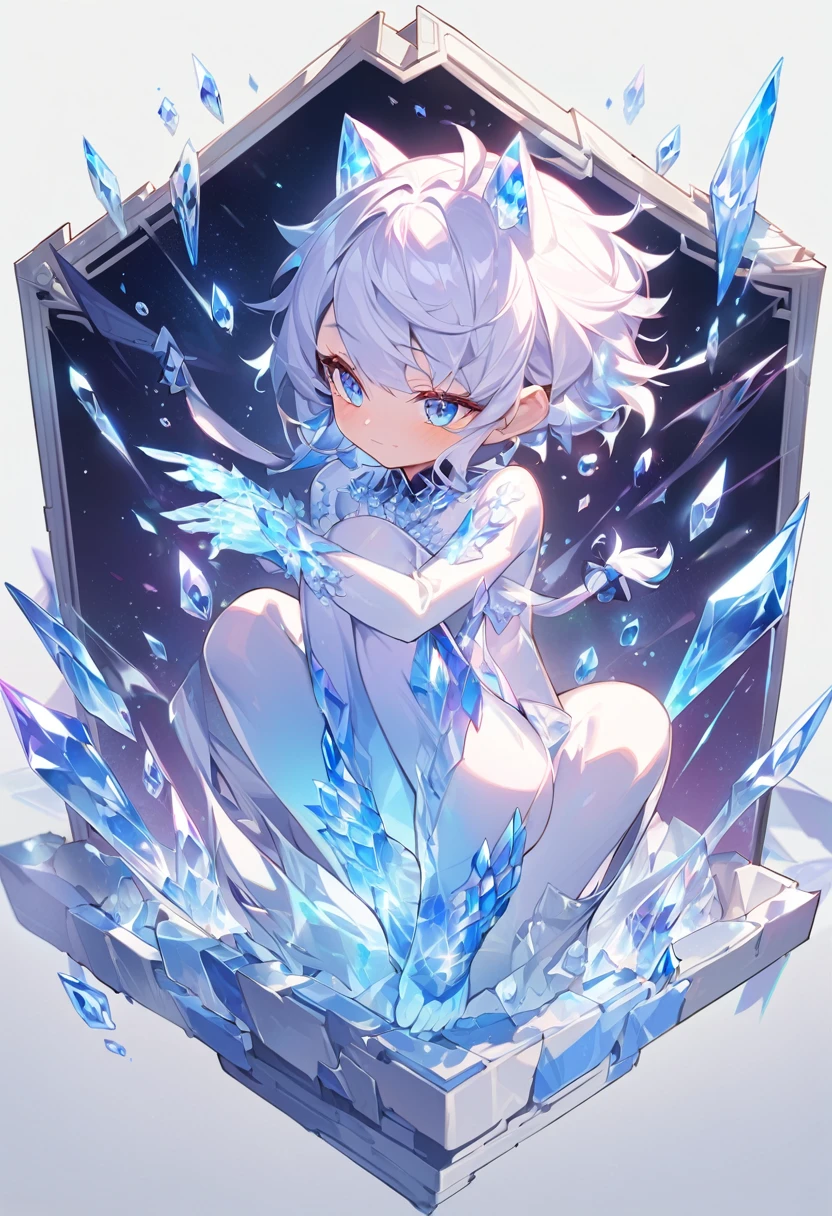 Little male cat，Boys，Has a tail，Lovely，Thin，struggle，eternal，crystallic，Blue slime，Feet turned into crystal，Hands turned into crystal，Crystal legs，Crystal feet，Crystal hands，illumination，freeze，脚被freeze，charming，Boys们 ，蓝色Crystal feet，穿着Tight Fit衣，plastic，Full body portrait，Smooth，全身Tight Fit衣，Thin，Light blue gel coat，Full body gel coating，outdoor，naked，Small pants，Tight Fit，No clothes，坐在地板上看着自己的Crystal feet，Crystal calf，Crystal hands臂，Crystal hips，Crystal clothes