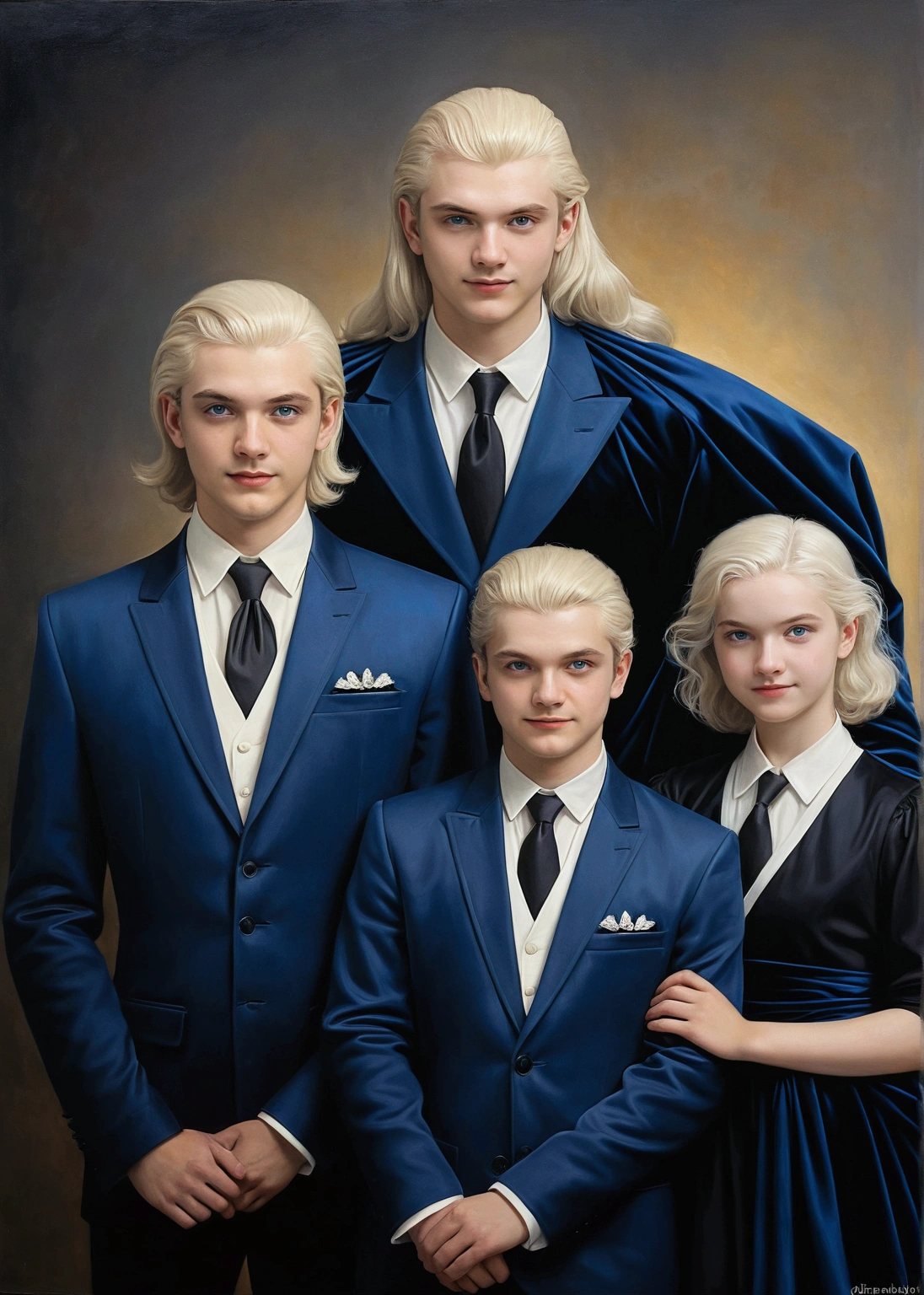 art by Philippe de Champaigne. smart, portrait of 3 brothers. Older brother with platinum blonde hair, ojos color azul y White skin. Second middle brother, white hair, blue eyes, sly smile, White skin. Third younger sister, young woman, Dark black hair, blue eyes, White dress.