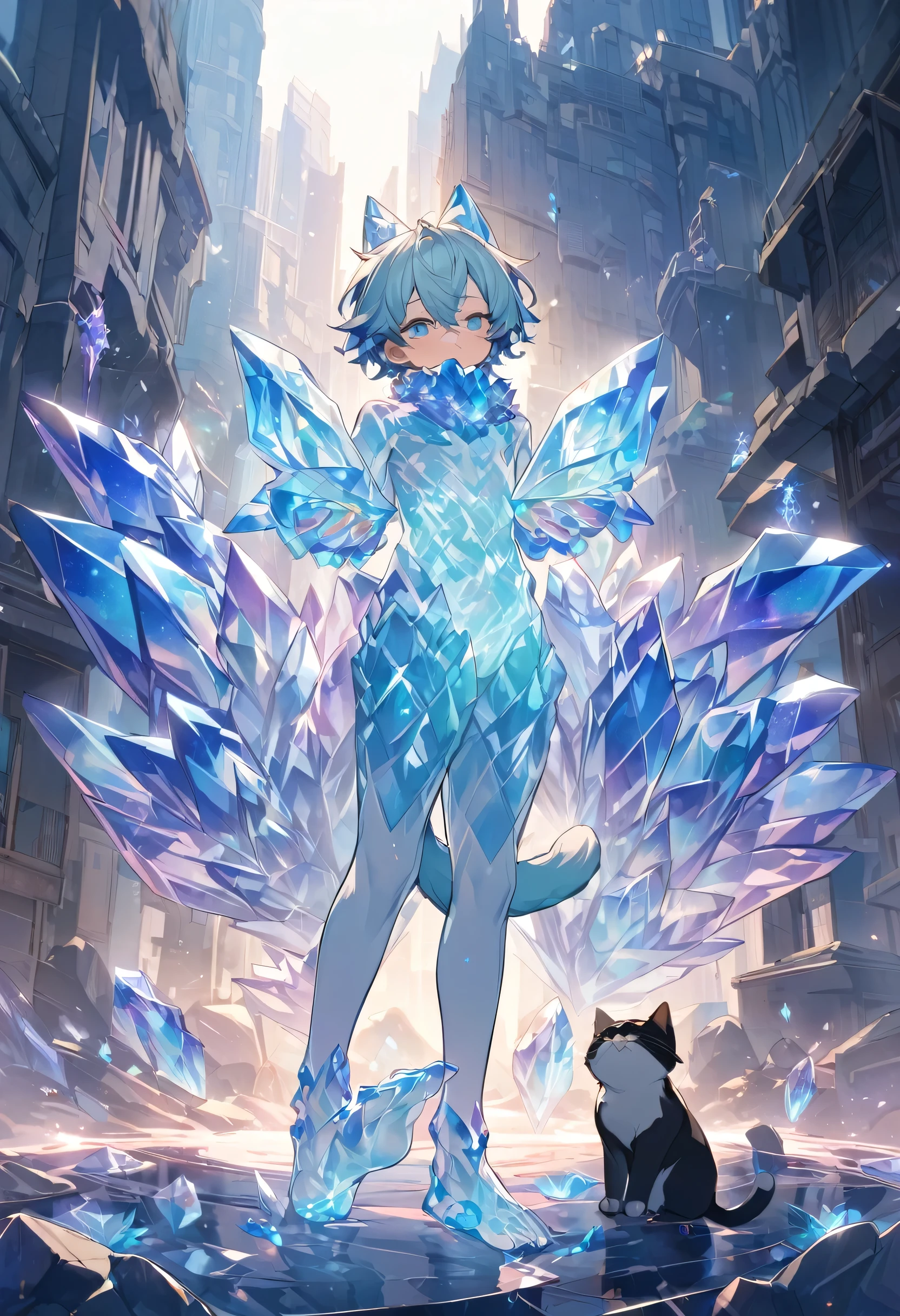 (tmasterpiece:1.2),Furry juvenile cat,Moe and energetic beasts,Brown hair with blue pupils,Clear eyes,Bright eyes,energetic,adolable,One paw clenched and raised,The other paw is raised in front of the chest,Blue crystal necklace,Wrist watch,White coat,The white underwear is printed with a cat's claw pattern,Black shorts,The barefoot,Clear small stone drift,Full of life。
