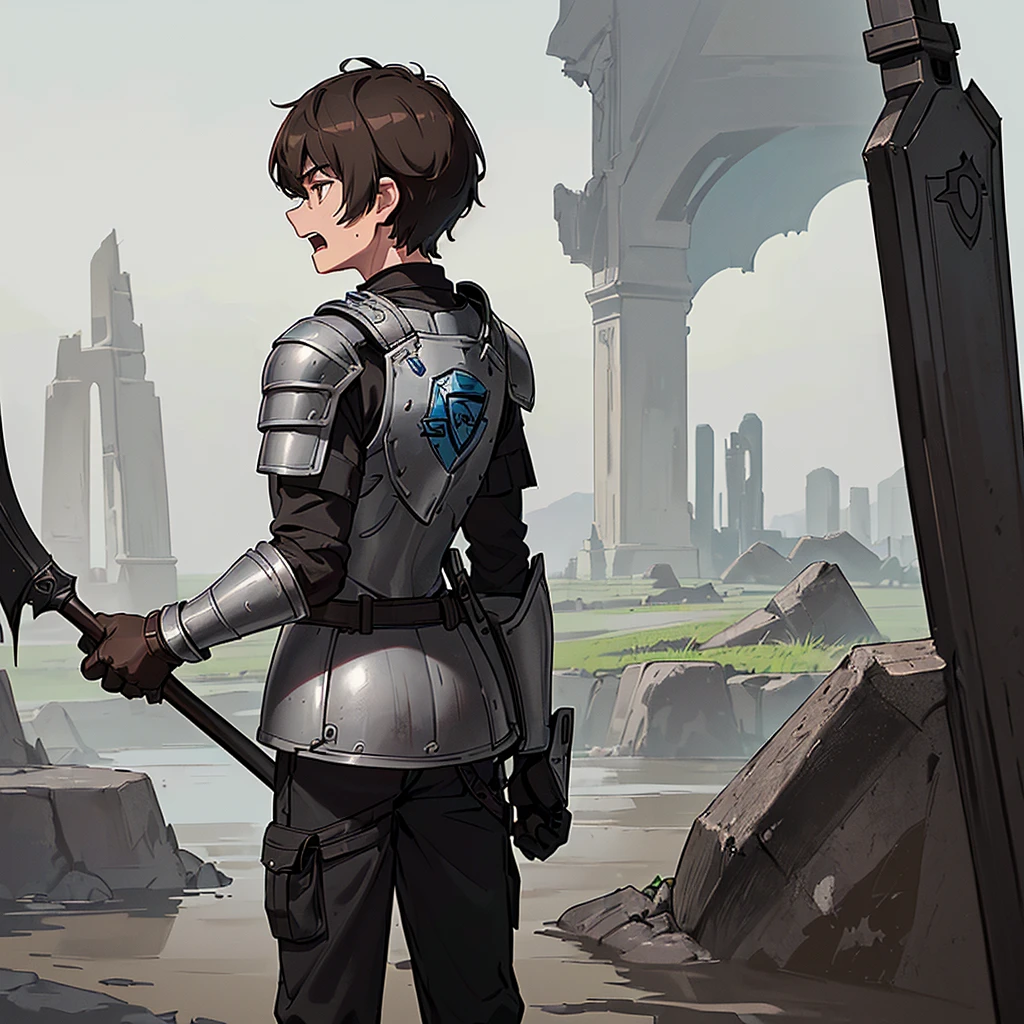 ((((Solo))))、((((Hold your shield))))、Best illustrations、Best Quality、(((Simple grey armor、Black trousers、Black gloves、Short Hair、Brown Hair、20 year old man)))、(Old ruins、desert。Grass)、(Black, muddy swamp)、(get annoyed、Open your mouth、Get angry)、battlefield、(White background)、(From the back、back view)