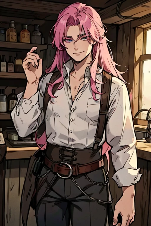Perfect face. Perfect hands. A handsome pink haired cowboy with violet eyes and long hair in a sheriff's outfit is exploring an outlaws hideout in the wild west with a big smile