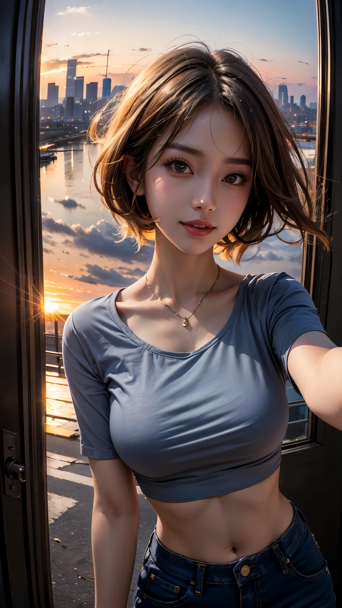 xxmixgirl,One Girl, Fisheye Lens, Selfie, Wind, Messy Hair, sunset, Cityscape, (Aesthetics and atmosphere:1.2), Gray Hair,smile, Film Girl, Short top shirt, Open your chest wide, 