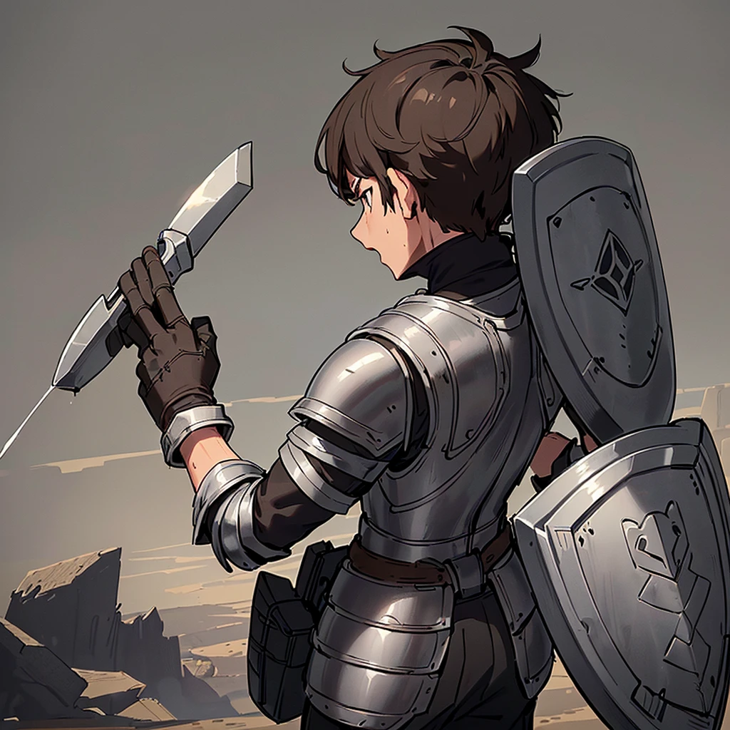 ((((Solo))))、((((Hold your shield))))、Best illustrations、Best Quality、(((Simple grey armor、Black trousers、Black gloves、Short Hair、Brown Hair、20 year old man)))、(Old ruins、desert。Grass)、(Black, muddy swamp)、(get annoyed、Open your mouth、Get angry)、battlefield、(White background)、(From the back、back view)