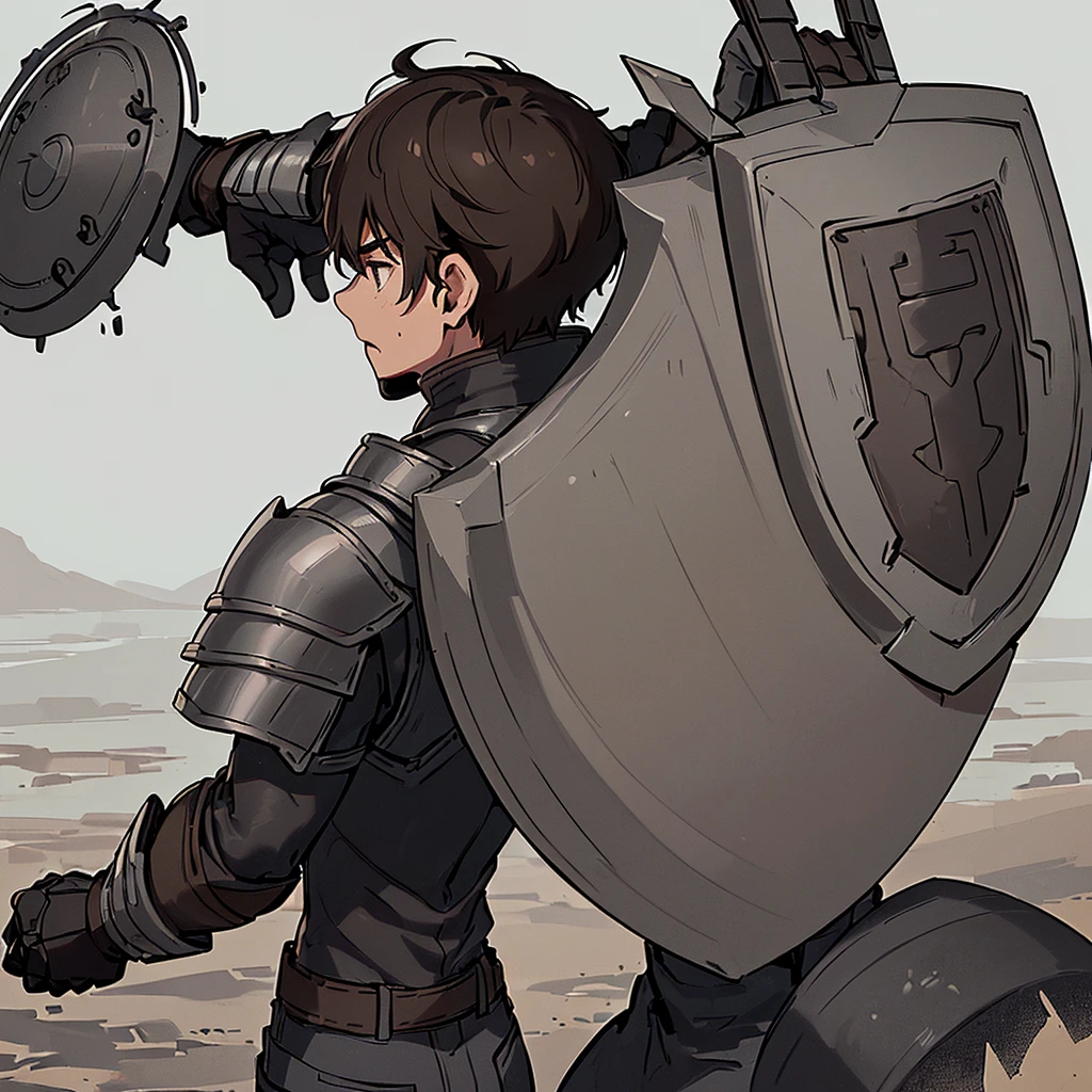 ((((Solo))))、((((Hold your shield))))、Best illustrations、Best Quality、(((Simple grey armor、Black trousers、Black gloves、Short Hair、Brown Hair、20 year old man)))、(Old ruins、desert。Grass)、(Black, muddy swamp)、(get annoyed、Open your mouth、Get angry)、battlefield、(White background)、(From the back、back view)
