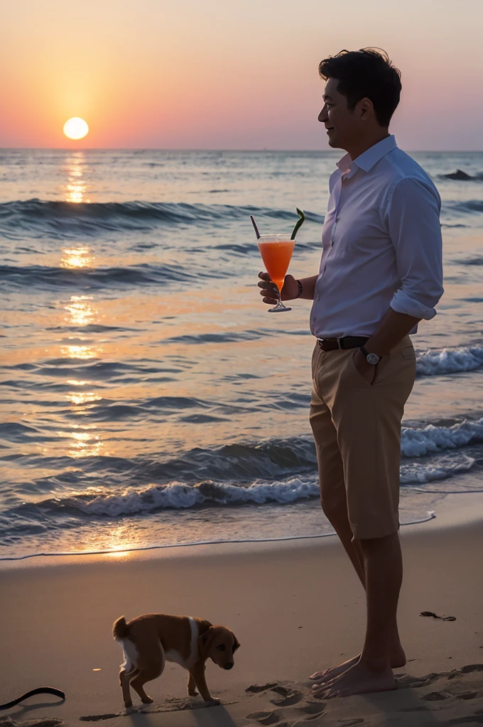 On the beach at sunset、After dinner, he sips a cocktail while watching a woman playing with a dog.