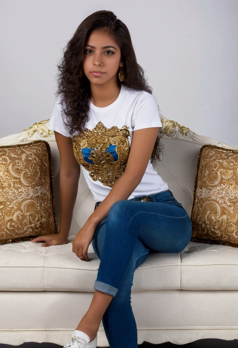 1 girl,colombian,21 years old, eyes browns,just,best qualityer, Head of'work of art, 8k,BRUT photoshot, photoshot (subject), extremely detaild, BRUT,realisitic,Session, Look to viewer,jeans,T-SHIRT BRANCO,longye hair,black has, sofa,