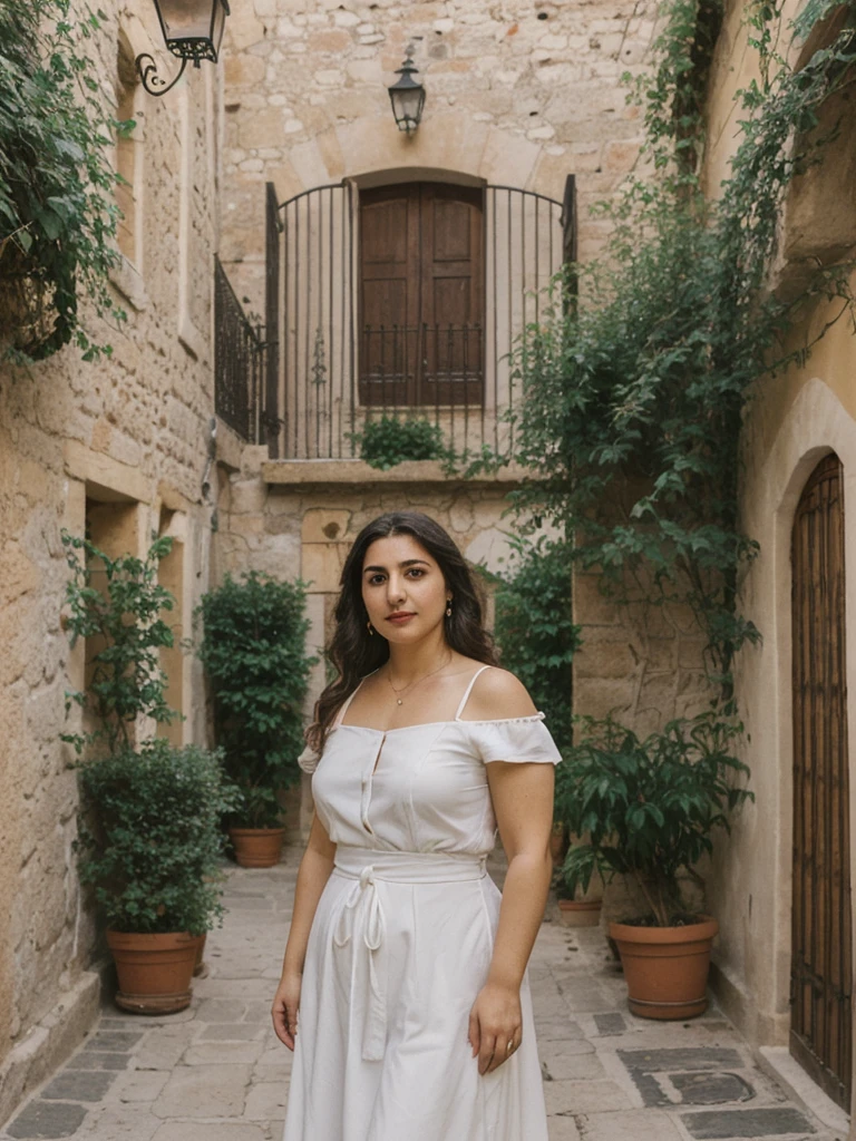 Caseyli, 1girl, solo, 30 years old, (((Georgian face))), (((Georgian nose))), (((Georgian lips))), ((((chubby)))), (((wide hips))), (((dark blonde hair))), wavy medium hair, wearing stylish Generation Z modern wear, ((Background: Courtyard in sPAIN))