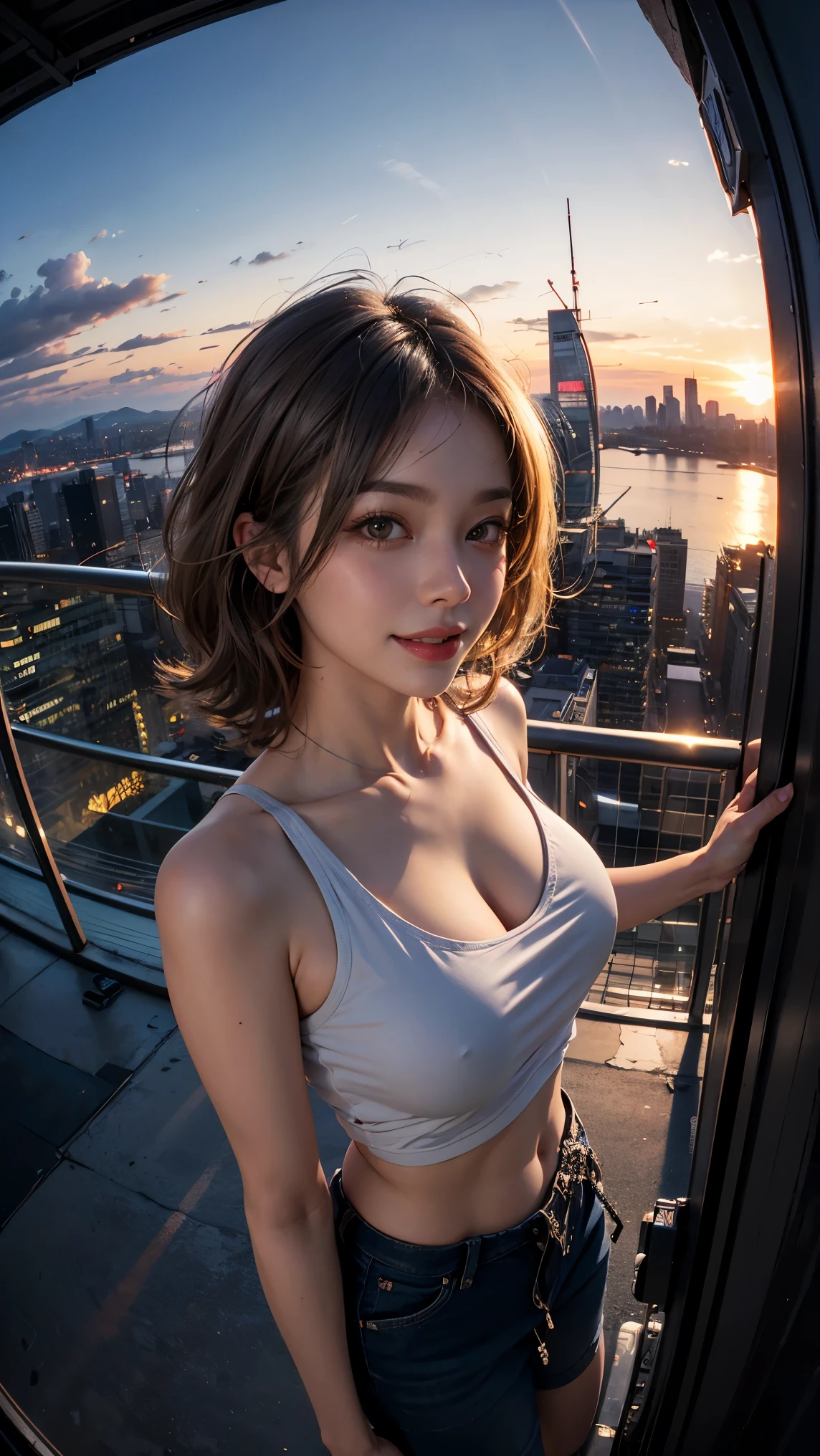 xxmixgirl,One Girl, Fisheye Lens, Selfie, Wind, Messy Hair, sunset, Cityscape, (Aesthetics and atmosphere:1.2), Gray Hair,smile, Film Girl, Short top shirt, Open your chest wide,
