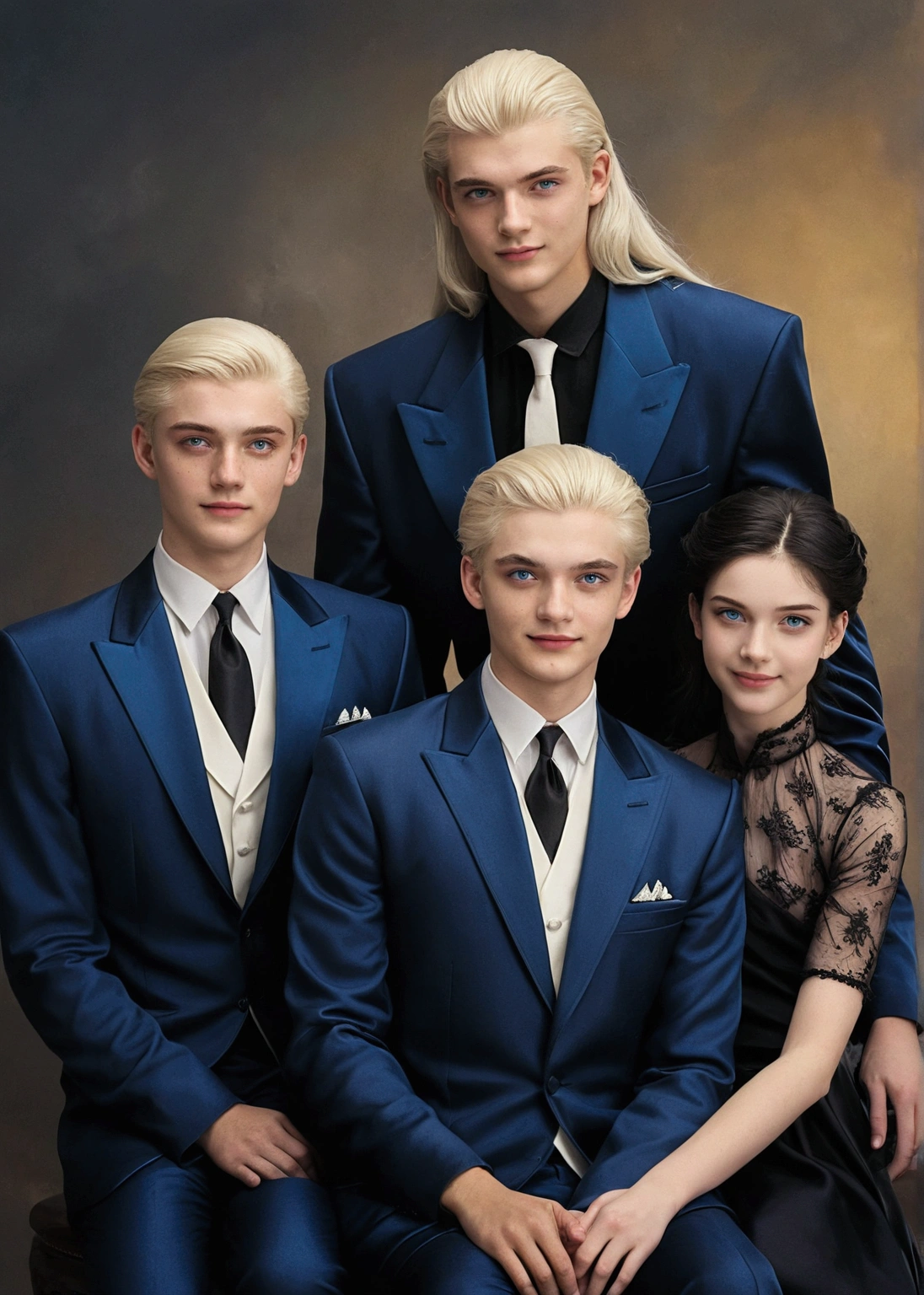 The first older brother., elegant, silver blonde hair, carro elegant, tall and dark eyed. The second brother, elegant, sly smile, silver blonde hair, blue eyes, carro elegant. The third sister, young woman, pale skin girl, freckles on his face, long dark black hair, blue eyes, carro elegant, White dress, sitting and