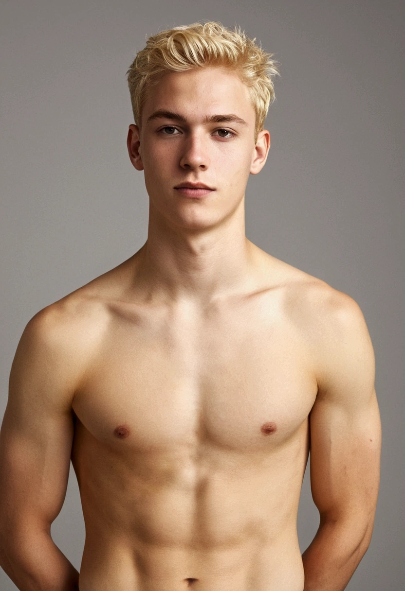 Young white man, with very short hair and very light golden blonde of European ethnicity. he must be standing, standing backwards, No blouse.