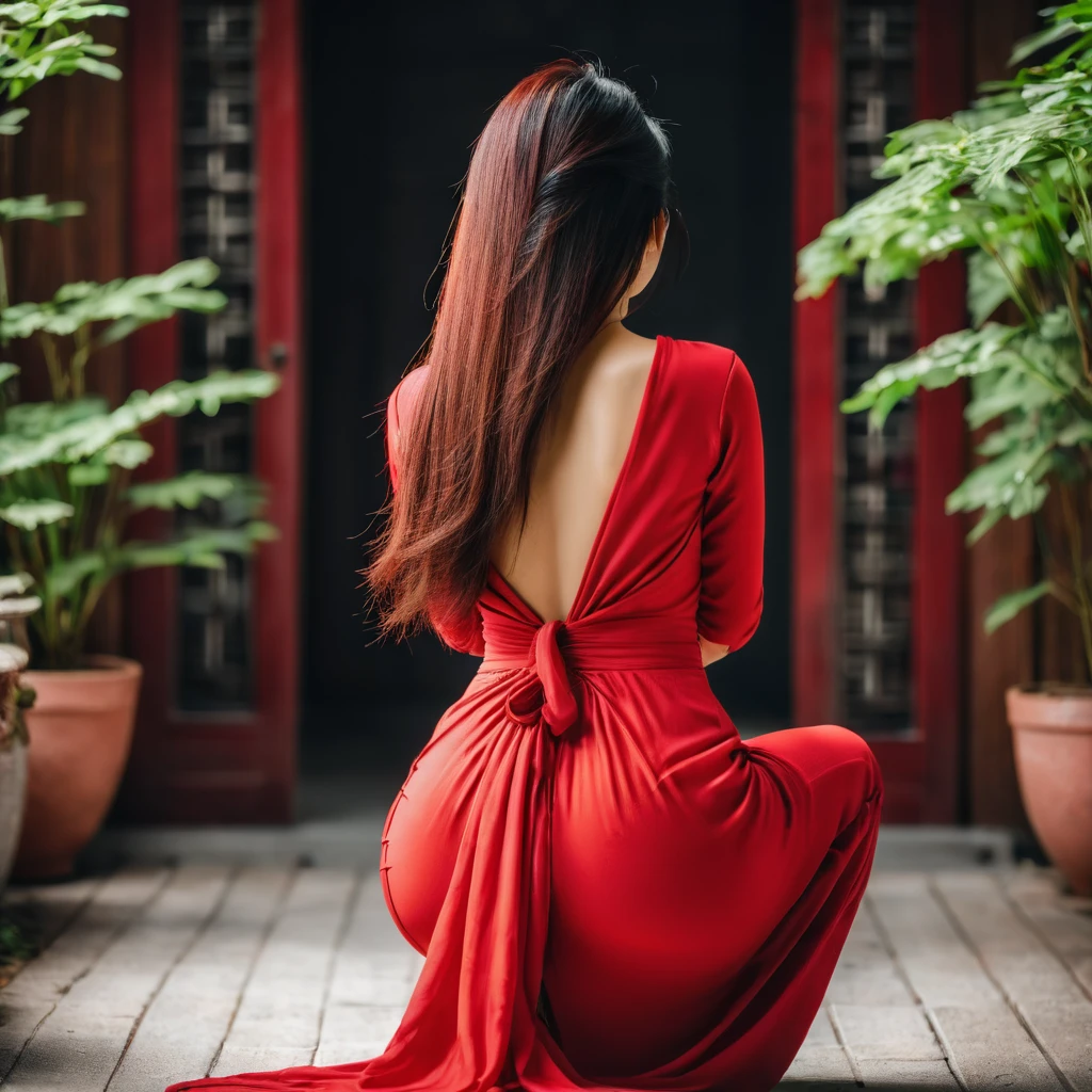 Rear view shot of a young  asian woman squatting in a maxi dress, bodycon dress, red dress , beautiful hair