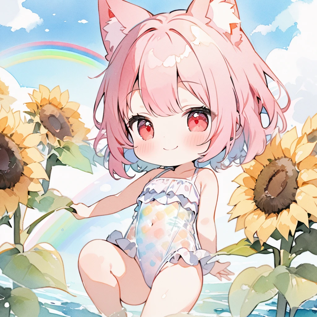 Top quality, masterpiece, high resolution, pastel colors, watercolor style, chibi character, pink hair, animal ear girl, red eyes, sleeping sideways on a large sunflower, smile, transparent ruffled leotard swimsuit with sunflower pattern, beautiful rainbow, blue sky, clouds, sea,ひまわりに抱きつく