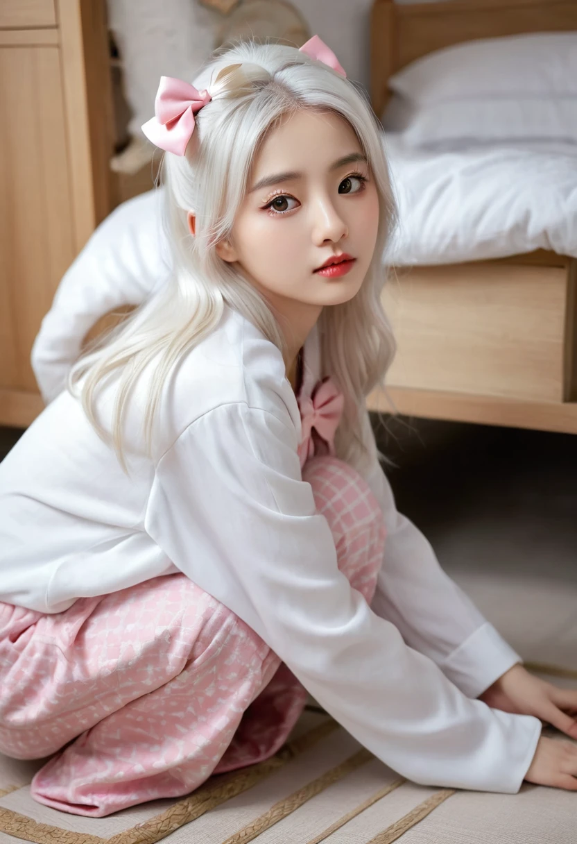 masterpiece, best quality, Very detailed, illustration, Beautiful and delicate eyes, close up, A girl. White hair, Pink bow, White pajamas. Crouching on the floor, searching through the clothes basket