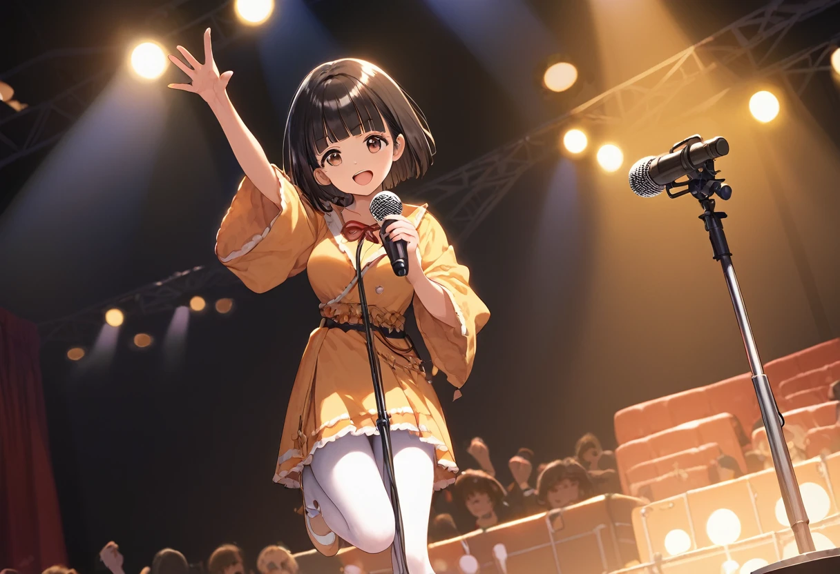 score_9,score_8_up,score_7_up,masterpiece,best quality, source anime, official art, super detailed, extreme detailed, rating_safe,
1girl, singing, holding microphone with mic stand,
BREAK girl, 22yo, short hair, bob cut, (blunt bangs), black hair, (tareme, detailed cute brown eyes), curled eyelashes, (large breasts:0.9),
shiny hair, beautiful detailed eyes, beautiful face,
white full body tights, lined tights, moustache,
serious, wide open mouth,
on stage, Rock Concert, Stage Lighting, audience,