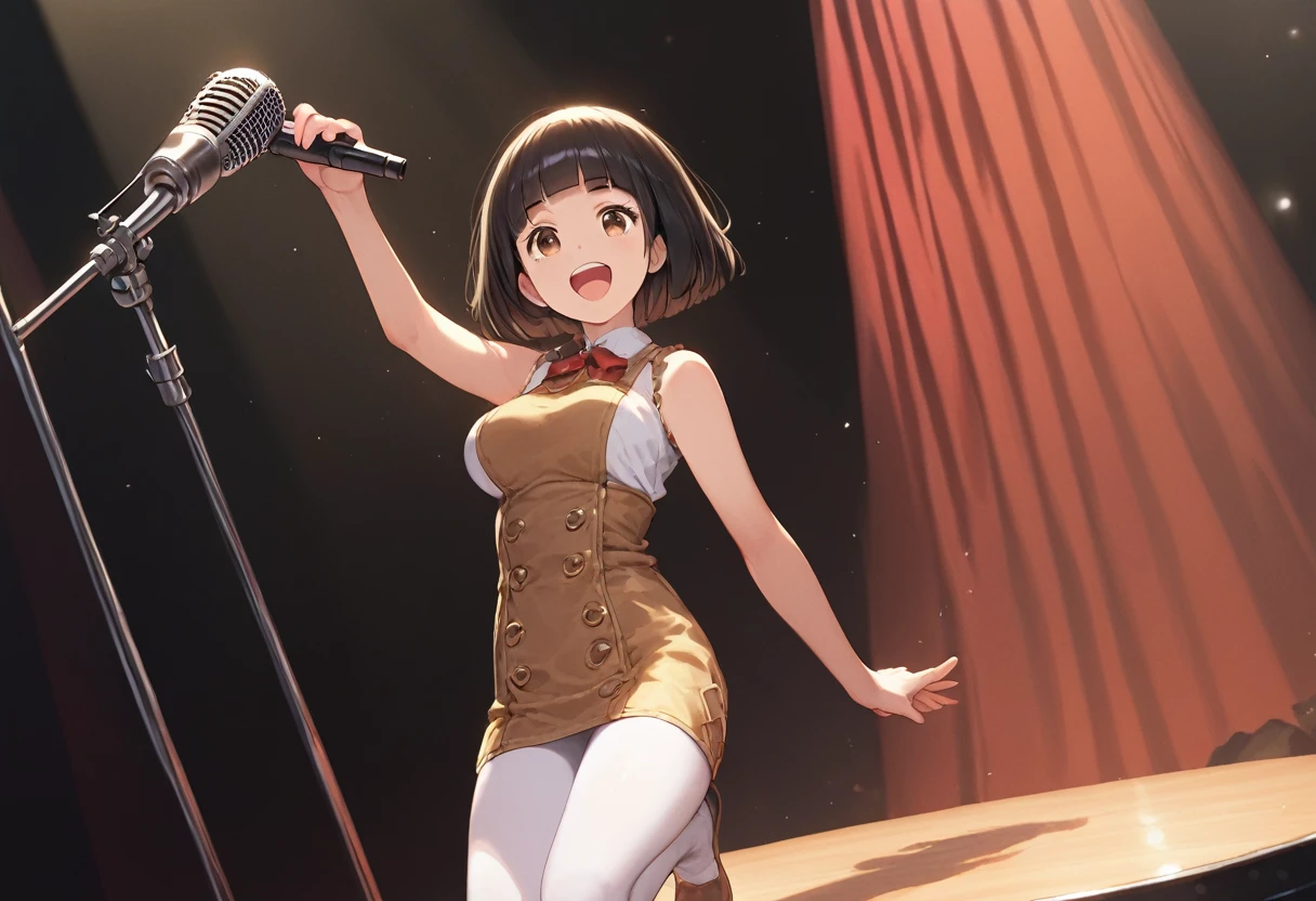 score_9,score_8_up,score_7_up,masterpiece,best quality, source anime, official art, super detailed, extreme detailed, rating_safe,
1girl, singing, holding microphone with mic stand,
BREAK girl, 22yo, short hair, bob cut, (blunt bangs), black hair, (tareme, detailed cute brown eyes), curled eyelashes, (large breasts:0.9),
shiny hair, beautiful detailed eyes, beautiful face,
white full body tights, lined tights, moustache,
serious, wide open mouth,
on stage, Rock Concert, Stage Lighting, audience,