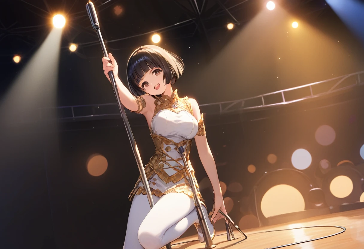 score_9,score_8_up,score_7_up,masterpiece,best quality, source anime, official art, super detailed, extreme detailed, rating_safe,
1girl, singing, holding microphone with mic stand,
BREAK girl, 22yo, short hair, bob cut, (blunt bangs), black hair, (tareme, detailed cute brown eyes), curled eyelashes, (large breasts:0.9),
shiny hair, beautiful detailed eyes, beautiful face,
white full body tights, lined tights, moustache,
serious, wide open mouth,
on stage, Rock Concert, Stage Lighting, audience,