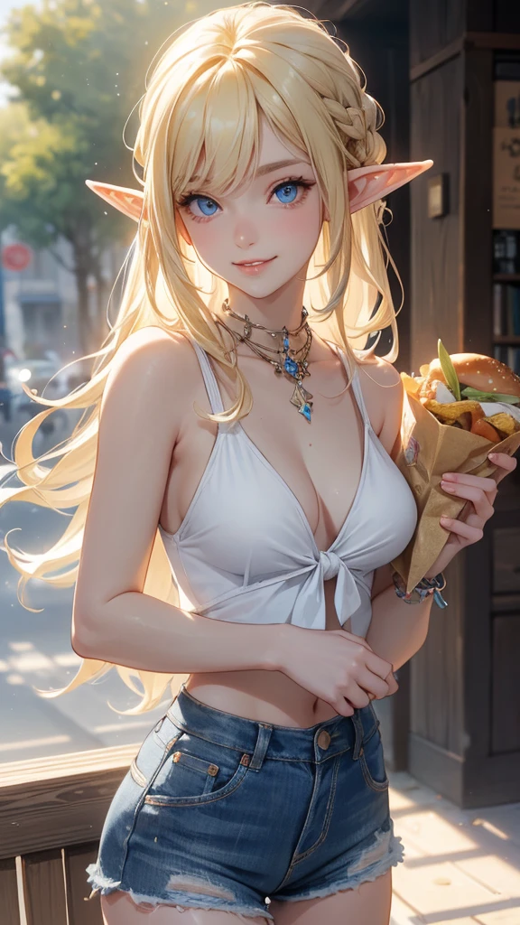 work of art, epic details, ultra detaild, best resolution, Woman, blonde, (BEAUTIFUL ELF), tied up hair, ((rosto angelical)), sculptural body, wearing denim shorts and a white tank top, ((perfect hands))), ((expression of happiness)), (Grinning), great smile, Simple smile, Scenario: a snack bar, supper: eating a hamburger, no mistakes, (((epic details na face))), (((ultra perfect eyes))), recatada
