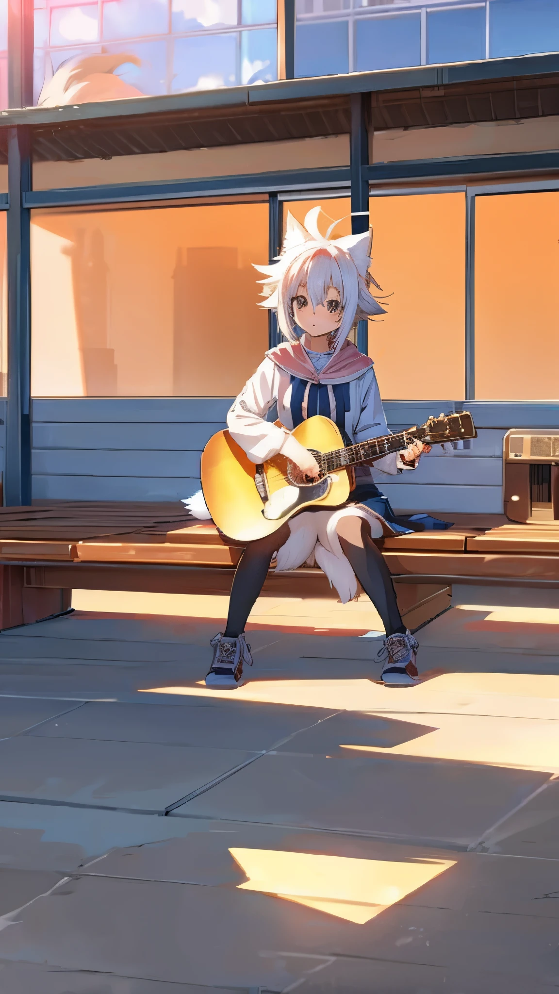 Anime fox girl playing guitar, sitting on the ground, wide angle shot, short white hair, fluffy tail and ears 