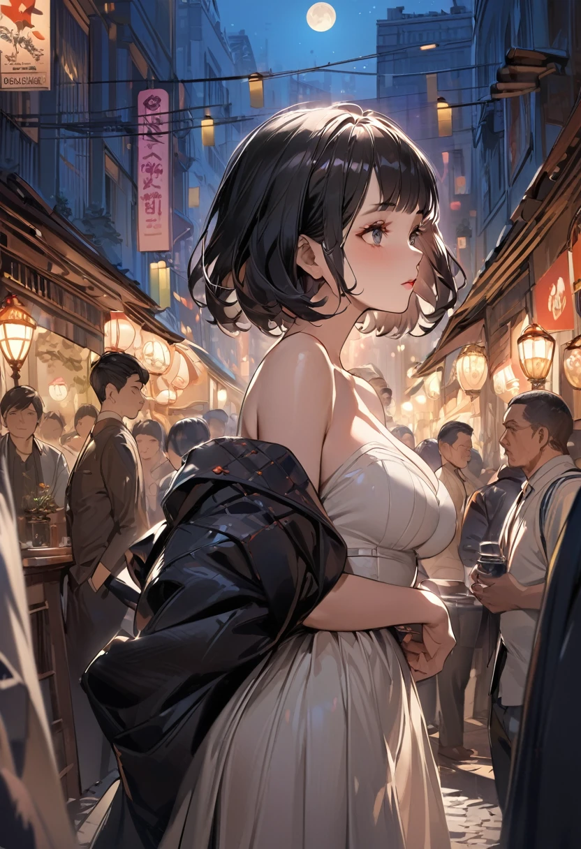 masterpiece, Highest quality, Miranda, (Half Body Shot,Street lamp,moon),masterpiece, One girl, Solo Exhibitions, Beautiful woman on a busy street, Surrounded by peddlers, Beautiful Goddess Girl Portrait, Beautiful and elaborate face, Porcelain-like skin, (((Bust Shot, center, night, Black Hair, short hair)), Very soft lighting, Symmetric, complicated, grace, Attention to detail, realism, art, concept art, 