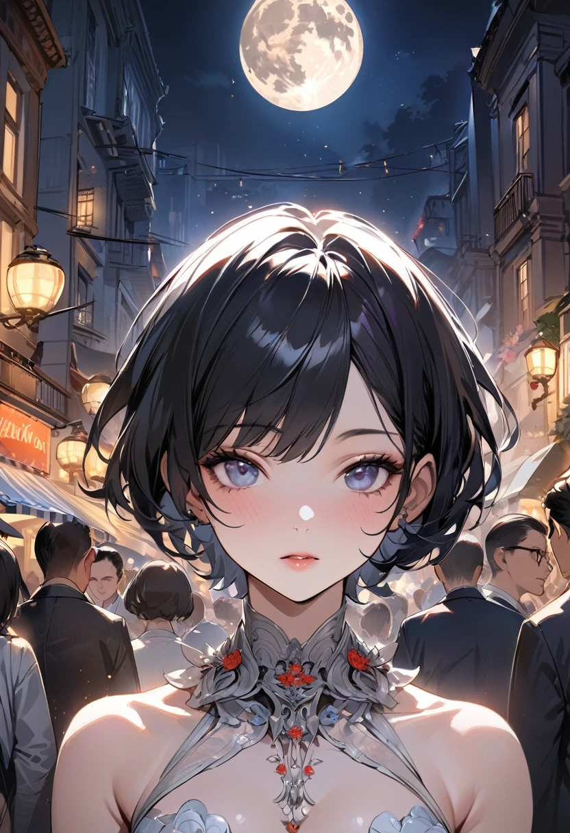 masterpiece, Highest quality, Miranda, (Half Body Shot,Street lamp,moon),masterpiece, One girl, Solo Exhibitions, Beautiful woman on a busy street, Surrounded by peddlers, Beautiful Goddess Girl Portrait, Beautiful and elaborate face, Porcelain-like skin, (((Bust Shot, center, night, Black Hair, short hair)), Very soft lighting, Symmetric, complicated, grace, Attention to detail, realism, art, concept art, 