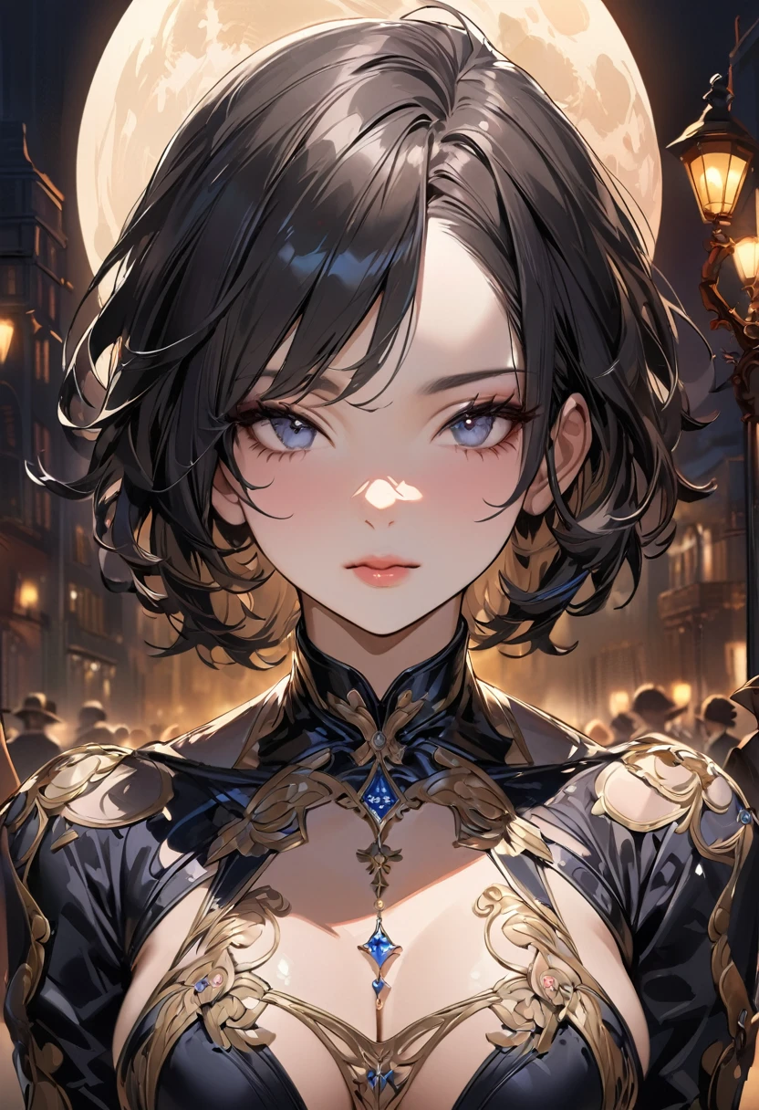 masterpiece, Highest quality, Miranda, (Half Body Shot,Street lamp,moon),masterpiece, One girl, Solo Exhibitions, Beautiful woman on a busy street, Surrounded by peddlers, Beautiful Goddess Girl Portrait, Beautiful and elaborate face, Porcelain-like skin, (((Bust Shot, center, night, Black Hair, short hair)), Very soft lighting, Symmetric, complicated, grace, Attention to detail, realism, art, concept art,