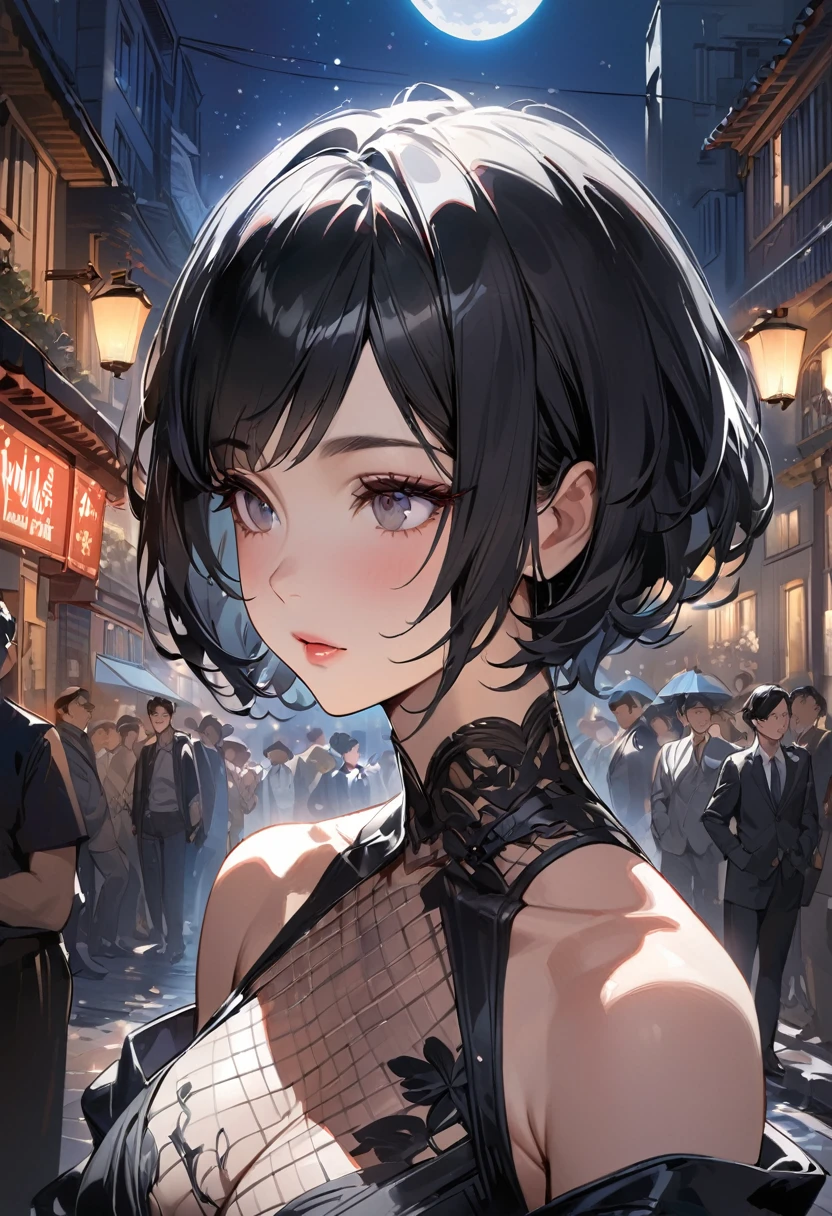 masterpiece, Highest quality, Miranda, (Half Body Shot,Street lamp,moon),masterpiece, One girl, Solo Exhibitions, Beautiful woman on a busy street, Surrounded by peddlers, Beautiful Goddess Girl Portrait, Beautiful and elaborate face, Porcelain-like skin, (((Bust Shot, center, night, Black Hair, short hair)), Very soft lighting, Symmetric, complicated, grace, Attention to detail, realism, art, concept art, 