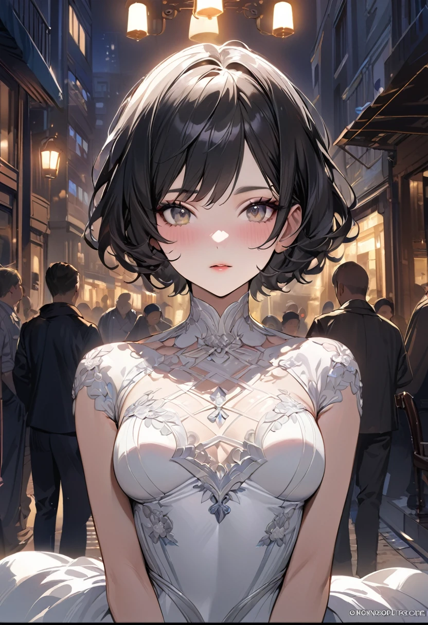 masterpiece, Highest quality, Miranda, (Half Body Shot,Street lamp,moon),masterpiece, One girl, Solo Exhibitions, Beautiful woman on a busy street, Surrounded by peddlers, Beautiful Goddess Girl Portrait, Beautiful and elaborate face, Porcelain-like skin, (((Bust Shot, center, night, Black Hair, short hair)), Very soft lighting, Symmetric, complicated, grace, Attention to detail, realism, art, concept art,