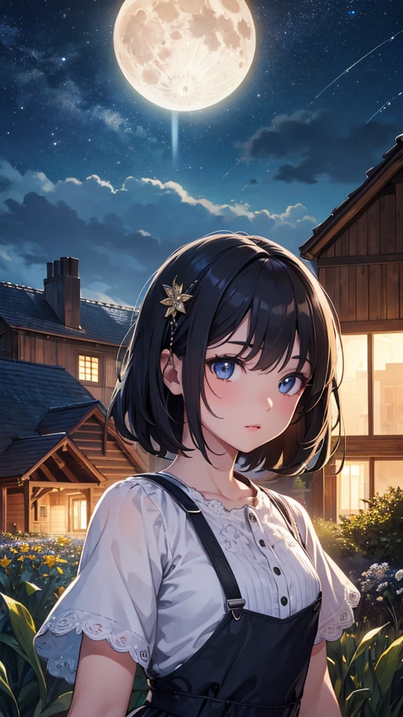 a boy in a moonlit farmhouse,beautiful detailed eyes,beautiful detailed lips,extremely detailed eyes and face,longeyelashes,1boy,photo-realistic,4k,8k,highres,masterpiece:1.2,ultra-detailed,realistic,photorealistic,photo-realistic:1.37,HDR,UHD,studio lighting,ultra-fine painting,sharp focus,physically-based rendering,extreme detail description,professional,vivid colors,bokeh,landscape,moonlit night,moon,stars,fireflies,countryside,barn,wooden house,fields,crops,nature