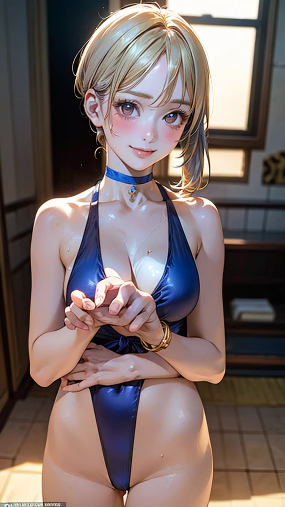 (masterpiece:1.2, Highest quality), (Realistic, photoRealistic:1.4), Beautiful illustrations, (Natural Side Lighting, Cinema Lighting), Browsing Caution,
View your viewers, Cowboy Shot, 1 girl, Japanese, Idol Sculpture, high school girl, Perfect Face, Cute and symmetrical face, Sunburn, Glowing Skin, thin,
(short hair:1.2, Side Ponytail:1.2, Blonde), Parted bangs, Golden Eyes, Long eyelashes, (Large Breasts:0.6),
Beautiful Hair, Beautiful Face, Beautiful attention to detail, Beautiful clavicle, Beautiful body, Beautiful breasts, Beautiful thighs, Beautiful feet, Beautiful fingers,
((Blue swimsuit), Black choker, Wrist Chakra),
(Beautiful views), Tropical beach, (Cute smile, Upward glance),