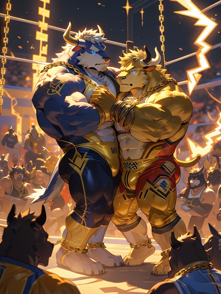 furry,furry art,male,(Golden cow),Golden clothes,(((Wrestling Clothes))),Summon thunderbolts,(((Golden lightning chain on hand))),(City blocks),(Cold expression),(Cold eyes),一对Golden cow角,Strong body,Blue eyes,(Best picture quality),(Lots of details),(masterpiece)