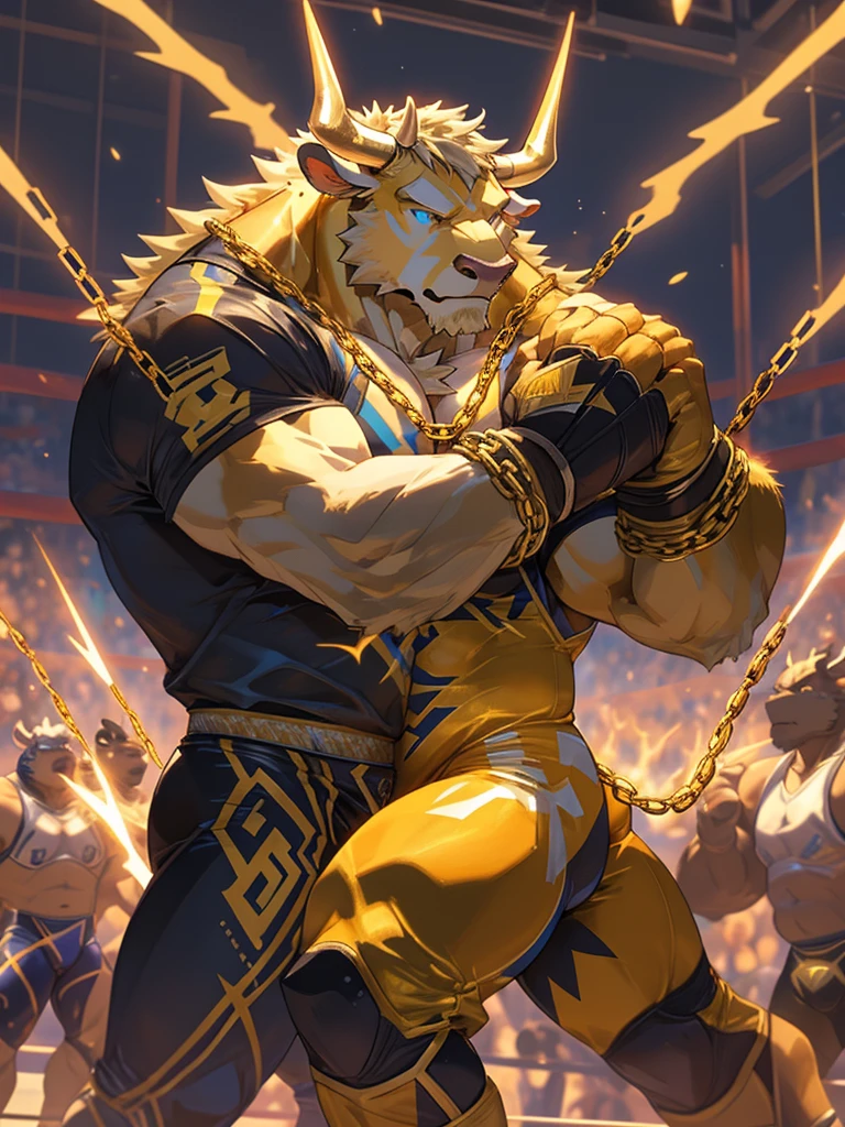 furry，furry art，male，(Golden cow)，Golden clothes，(((Wrestling Clothes)))，Summon thunderbolts，(((Golden lightning chain on hand)))，（City blocks），(Cold expression)，(Cold eyes)，一对Golden cow角，Strong body，Blue eyes，（Best picture quality），（Lots of details），（masterpiece）