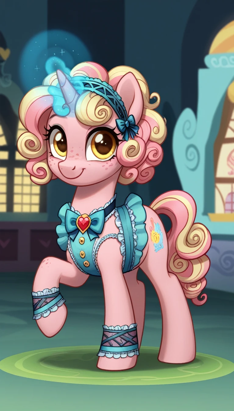 score_9,score_8_up,score_7_up,score_6_up, filly female, unicorn, pastel pink fur, curly blonde hair, pastel blue dye streaks, freckles, Golden eyes, head band, lolita pony, cute Lolita fashion, glowing backlight, fashion show, ponyville scene, glitter, whimsical, enchanted, magical, fantasy art concept, intricate details, happy smile, glowing horn,