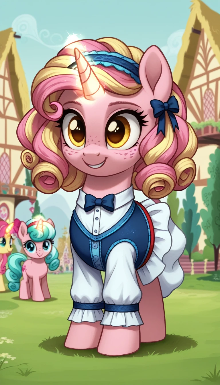 score_9,score_8_up,score_7_up,score_6_up, filly female, unicorn, pastel pink fur, curly blonde hair, pastel blue dye streaks, freckles, Golden eyes, head band, ta pony, cute Loliashion, glowing backlight, fashion show, ponyville scene, glitter, whimsical, enchanted, magical, fantasy art concept, intricate details, happy smile, glowing horn,