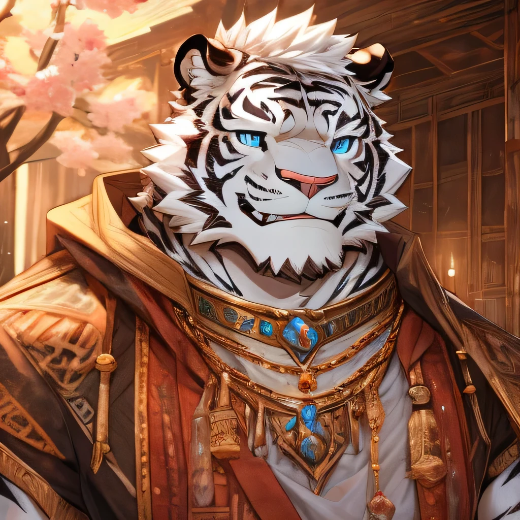 White fur,black strips,White Tiger, Blue eyes,medium height,Thin body type,Peach Blossom,White hair,Silver necklace,White Tiger Orc,short hair,Smile,Gold rimmed glasses,Solid wood house background