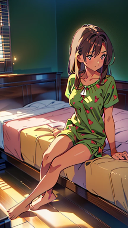 highly detailed, 8K, masterpiece, best quality, pretty ager girl, ((dark skin)), latin girl, megane, pink eyes, ((brown hair)), mid hair, ((green pajamas)), thin, ((full body scene)), ((full body)), ((full body angle)), pretty girl, (medium-breasts:1.5), ((mid chest)), sitting on the bed, bedroom, (Ultra High Resolution: 1.2), (RAW Photo: 1.2)