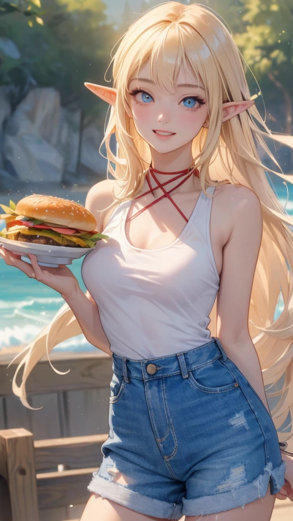 work of art, epic details, ultra detaild, best resolution, Woman, blonde, (BEAUTIFUL ELF), tied up hair, ((rosto angelical)), sculptural body, wearing denim shorts and a white tank top, ((perfect hands))), ((expression of happiness)), (Grinning), great smile, Simple smile, Scenario: a snack bar, supper: eating a hamburger, no mistakes, (((epic details na face))), (((ultra perfect eyes))), recatada