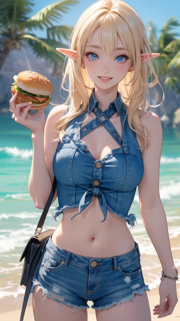 work of art, epic details, ultra detaild, best resolution, Woman, blonde, (BEAUTIFUL ELF), tied up hair, ((rosto angelical)), sculptural body, wearing denim shorts and a white tank top, ((perfect hands))), ((expression of happiness)), (Grinning), great smile, Simple smile, Scenario: a snack bar, supper: eating a hamburger, no mistakes, (((epic details na face))), (((ultra perfect eyes))), recatada