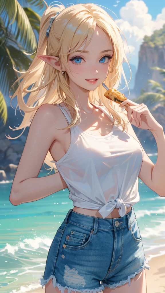 work of art, epic details, ultra detaild, best resolution, Woman, blonde, (BEAUTIFUL ELF), tied up hair, ((rosto angelical)), sculptural body, wearing denim shorts and a white tank top, ((perfect hands))), ((expression of happiness)), (Grinning), great smile, Simple smile, Scenario: a snack bar, supper: eating a hamburger, no mistakes, (((epic details na face))), (((ultra perfect eyes))), recatada