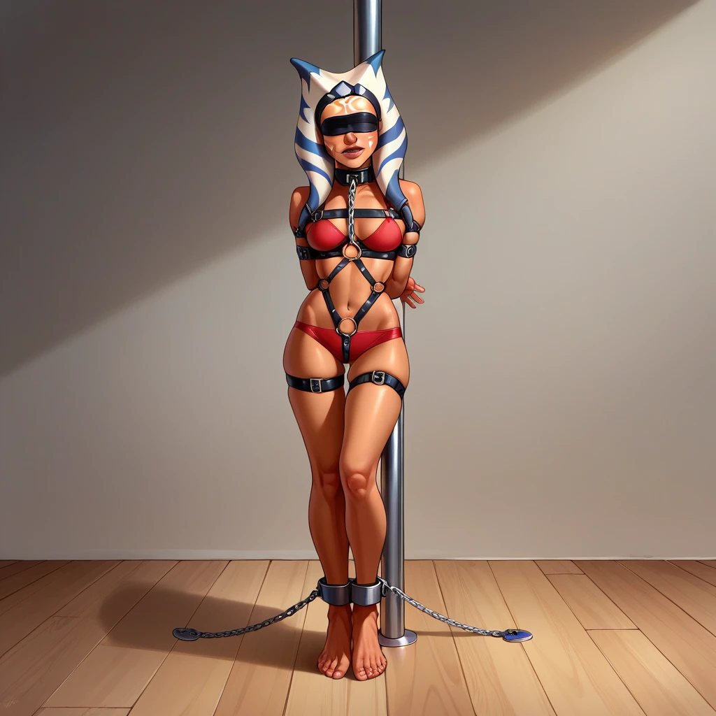 (masterpiece, best quality), intricate details, ahsoka (standing full body toe to head by wooden pole:1.2) iron collar, arms behind back, iron cuffs, shackles, bound, bondage outfit, harness, o-ring, bondage outfit blindfolded cover eyes, happy red cheeks, chain leash collar choker neck bell shackles wristbands bracers bracelets, cleave gag